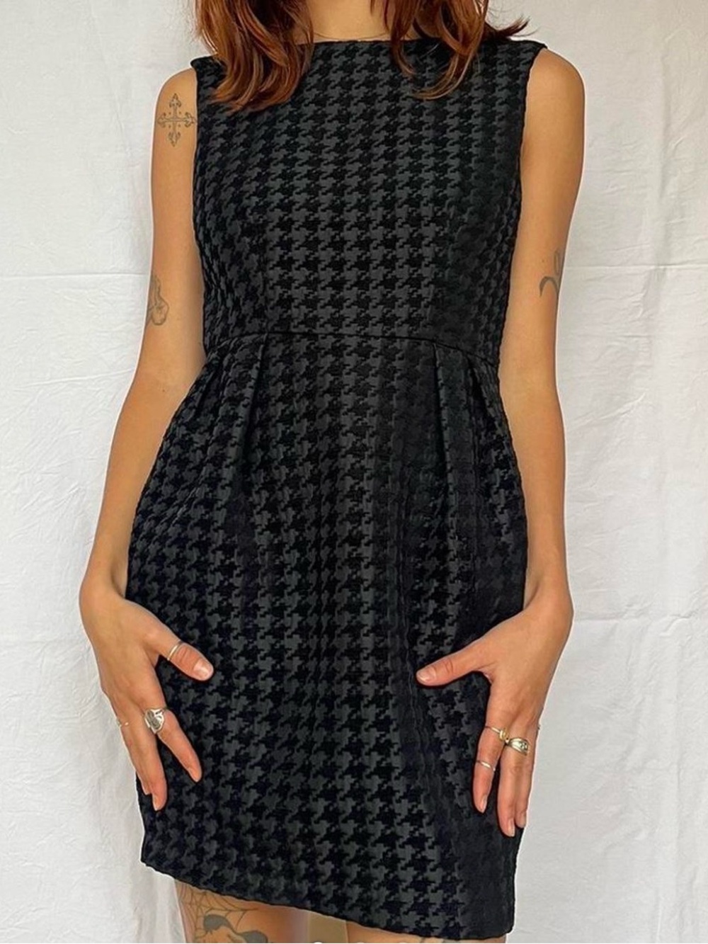 AMERICAN APPAREL Black Houndstooth Mini Cocktail Dress NWT Made in USA Sz M - Picture 2 of 10